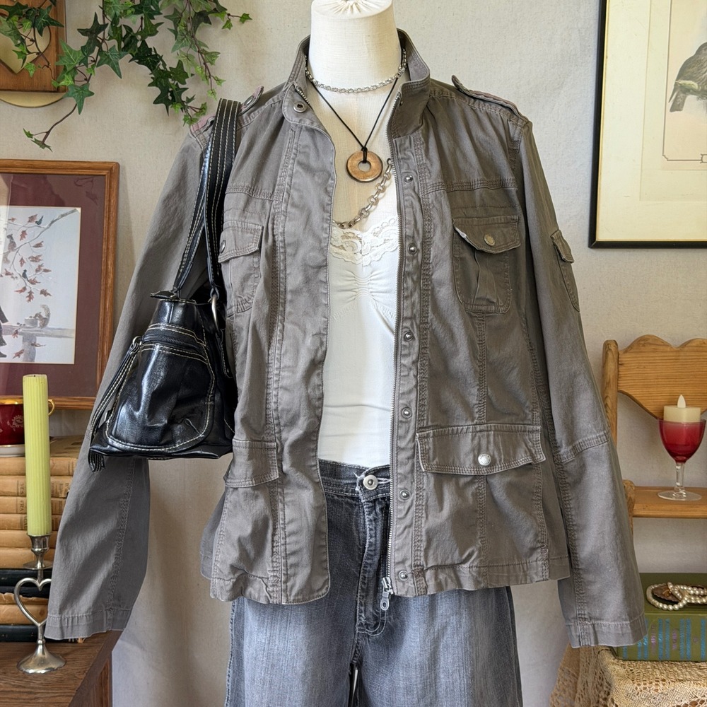 Brown Utility Military Jacket Twilightcore Indie 2000s XL Zip Up Cargo Pockets